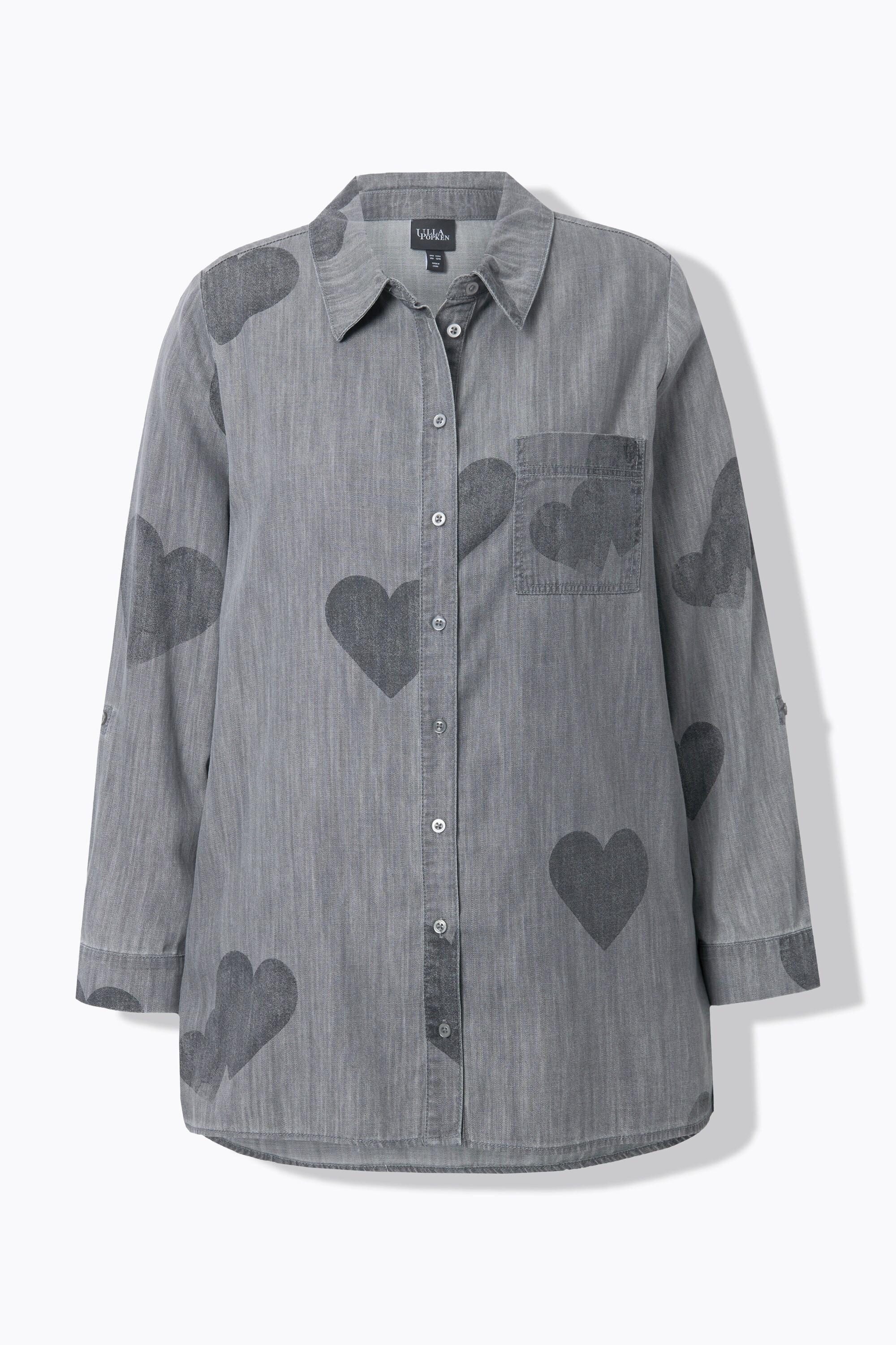 Ulla Popken Camicia di jeans Stampa Cuori Manica Lunga Colletto  