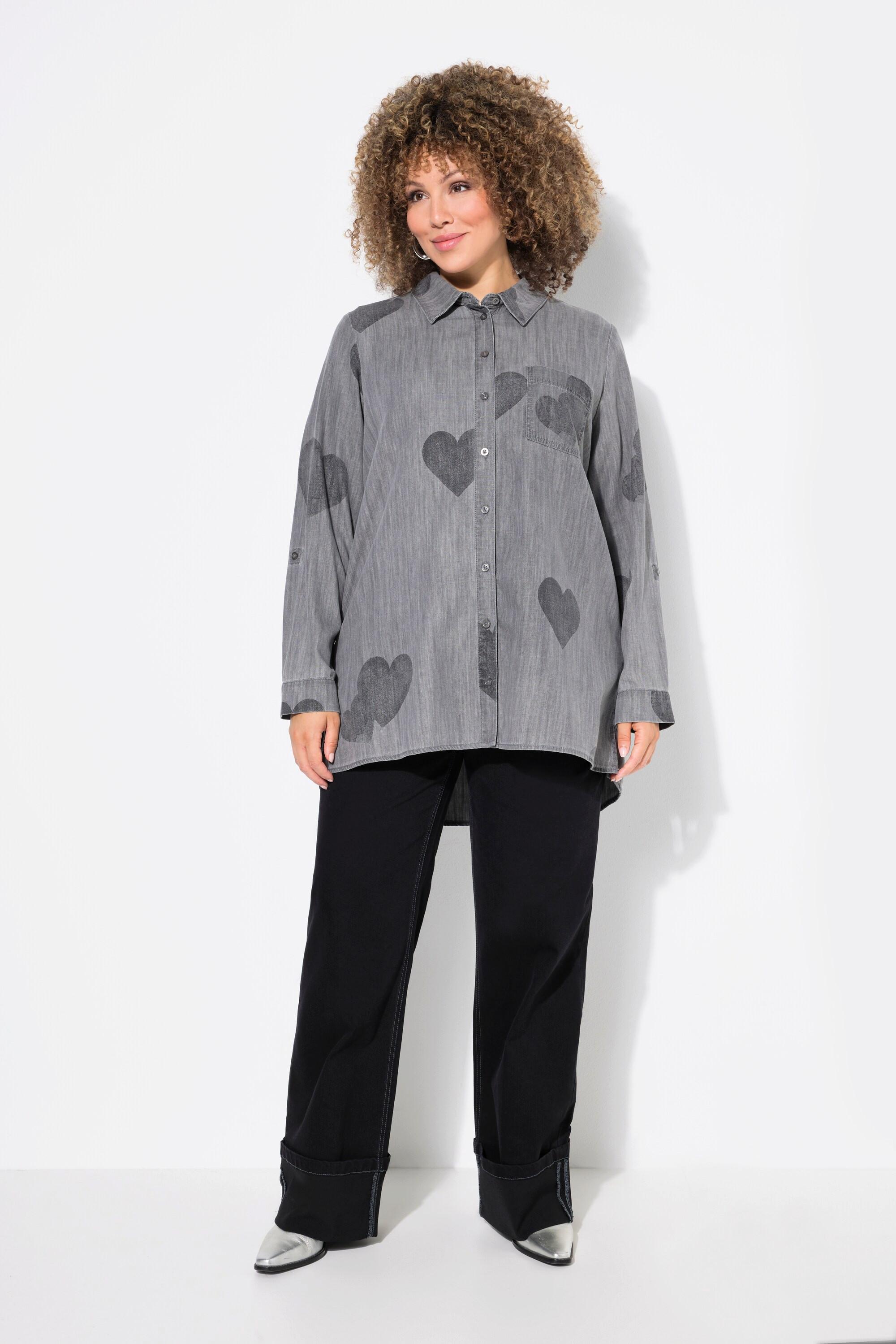 Ulla Popken Camicia di jeans Stampa Cuori Manica Lunga Colletto  