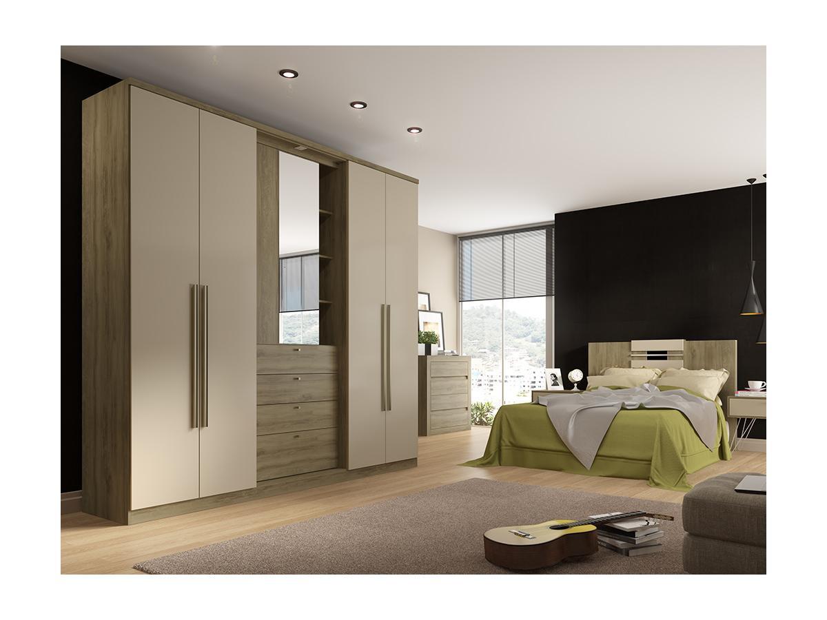 Vente-unique Armoire ISAK II 4 portes Miroir tiroirs L2Chêne ivoire  