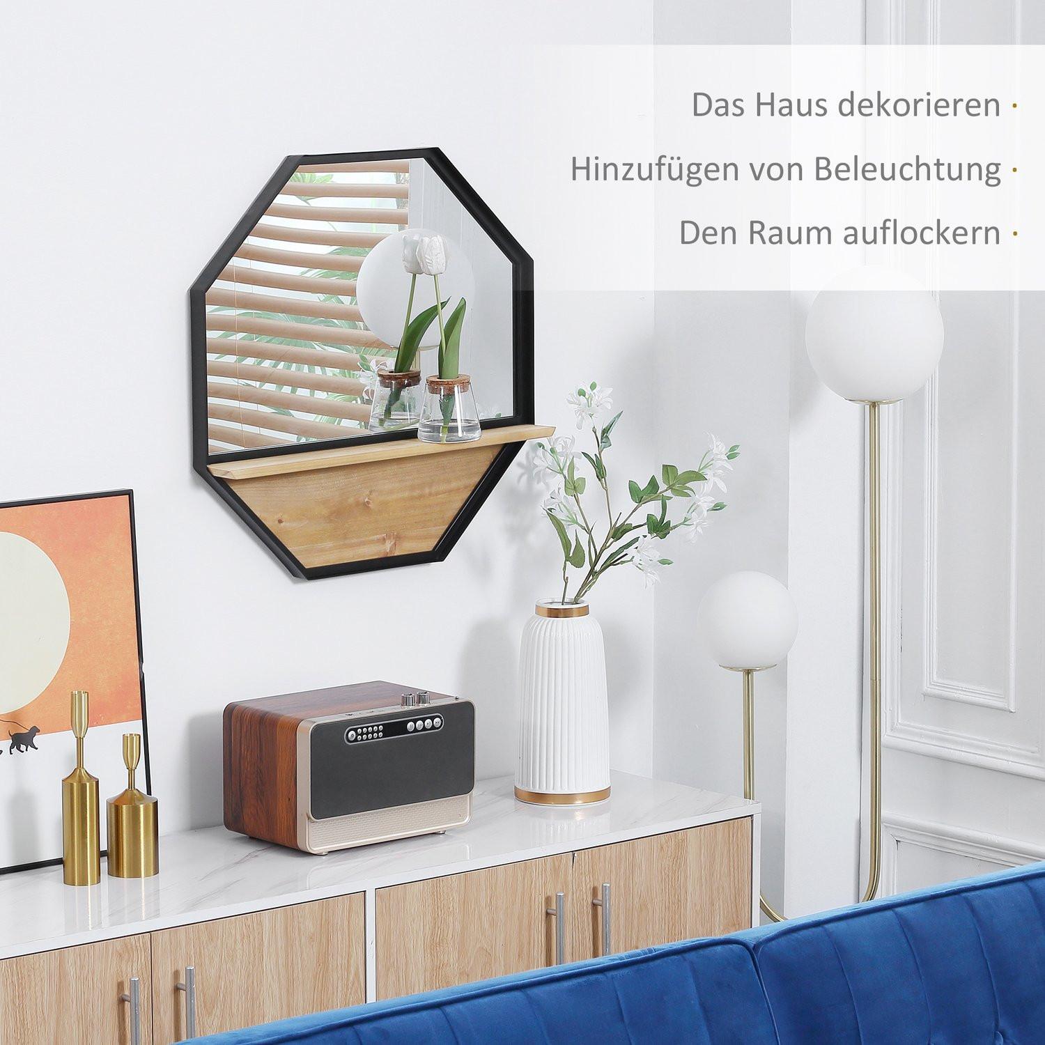 Northio Achteck Wandspiegel Mit Regal Hängespiegel Im Industrie-Design, Für Schlafzimmer, Schwarz, 61X61Cm  