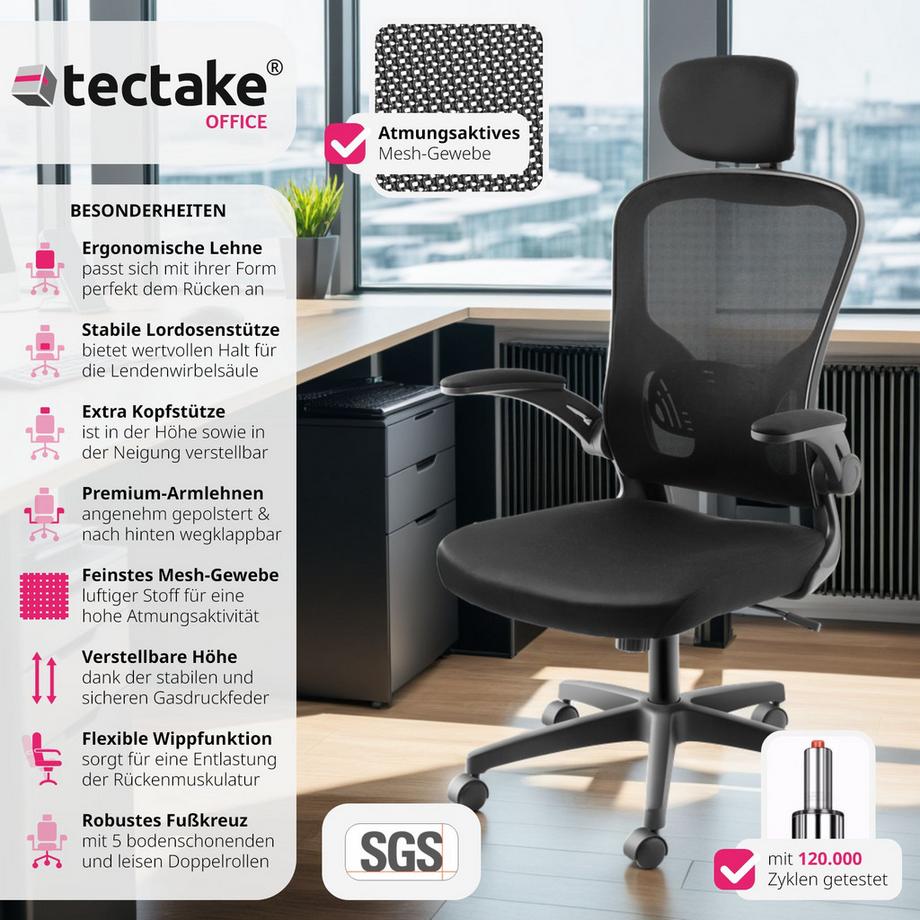 Tectake Bürostuhl Arges ergonomische Form mit verstellbarer Lordosenstütze und verstellbarer Kopfstütze dicke Polsterung  