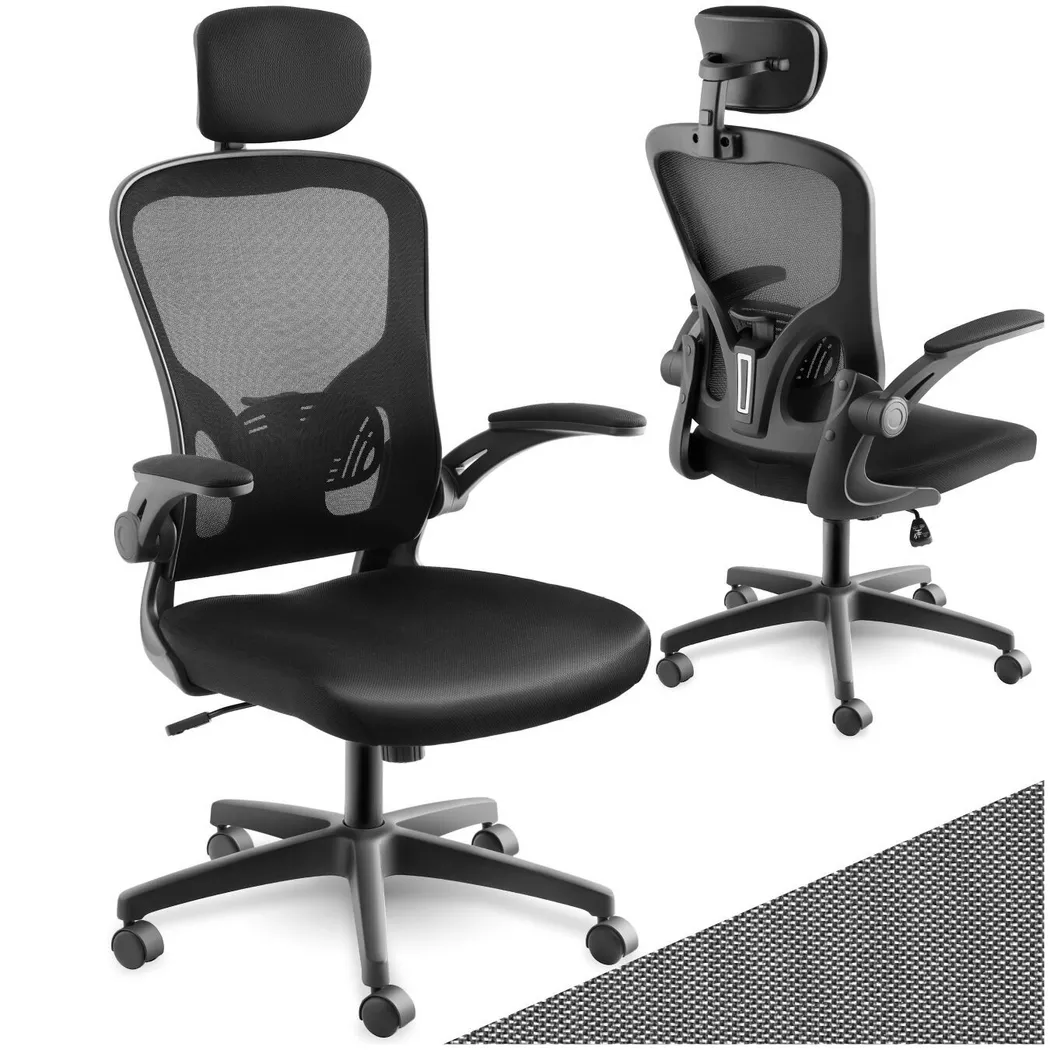 Tectake - Bürostuhl Arges ergonomische Form mit verstellbarer Lordosenstütze und verstellbarer Kopfstütze 360° drehbar, 66X70CM, Charcoal Black