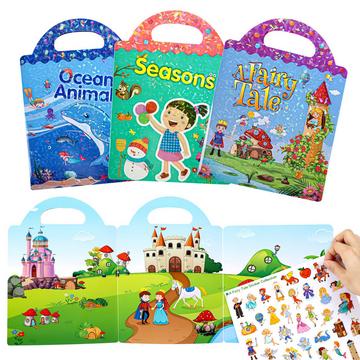 Livre d'autocollants réutilisables et imperméables pour enfants - paquet de 3, autocollants 3D transparents pour enfants, cadeaux d'apprentissage éducatifs