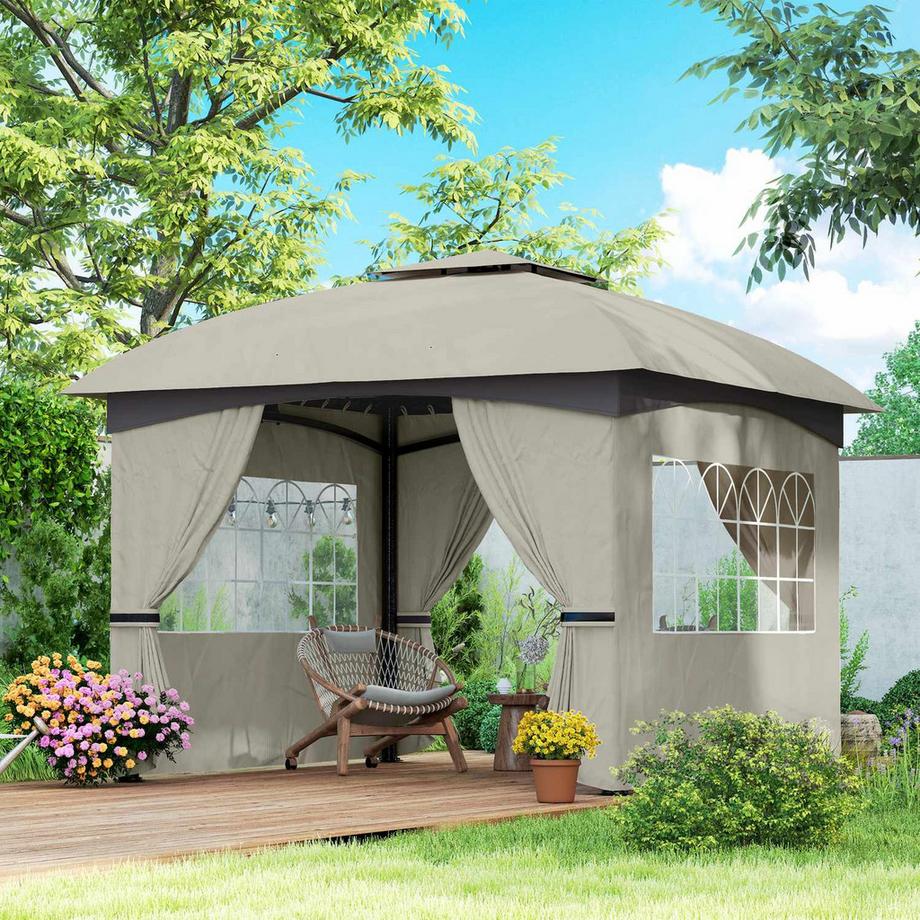 Northio Gazebo circa 3,4x3,4 m padiglione da giardino idrorepellente con 4 pannelli laterali, doppio tetto, tenda per feste con protezione UV tenda da giardino con telaio in metallo zincato, per giardino grigio chiaro  