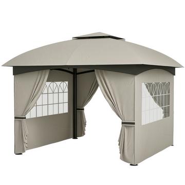 Tonnelle d'environ 3,4 x 3,4 m, pavillon de jardin hydrofuge avec 4 panneaux latéraux, double toit, tente de fête avec protection UV, tente de jardin avec structure en métal galvanisé, pour jardin gris clair