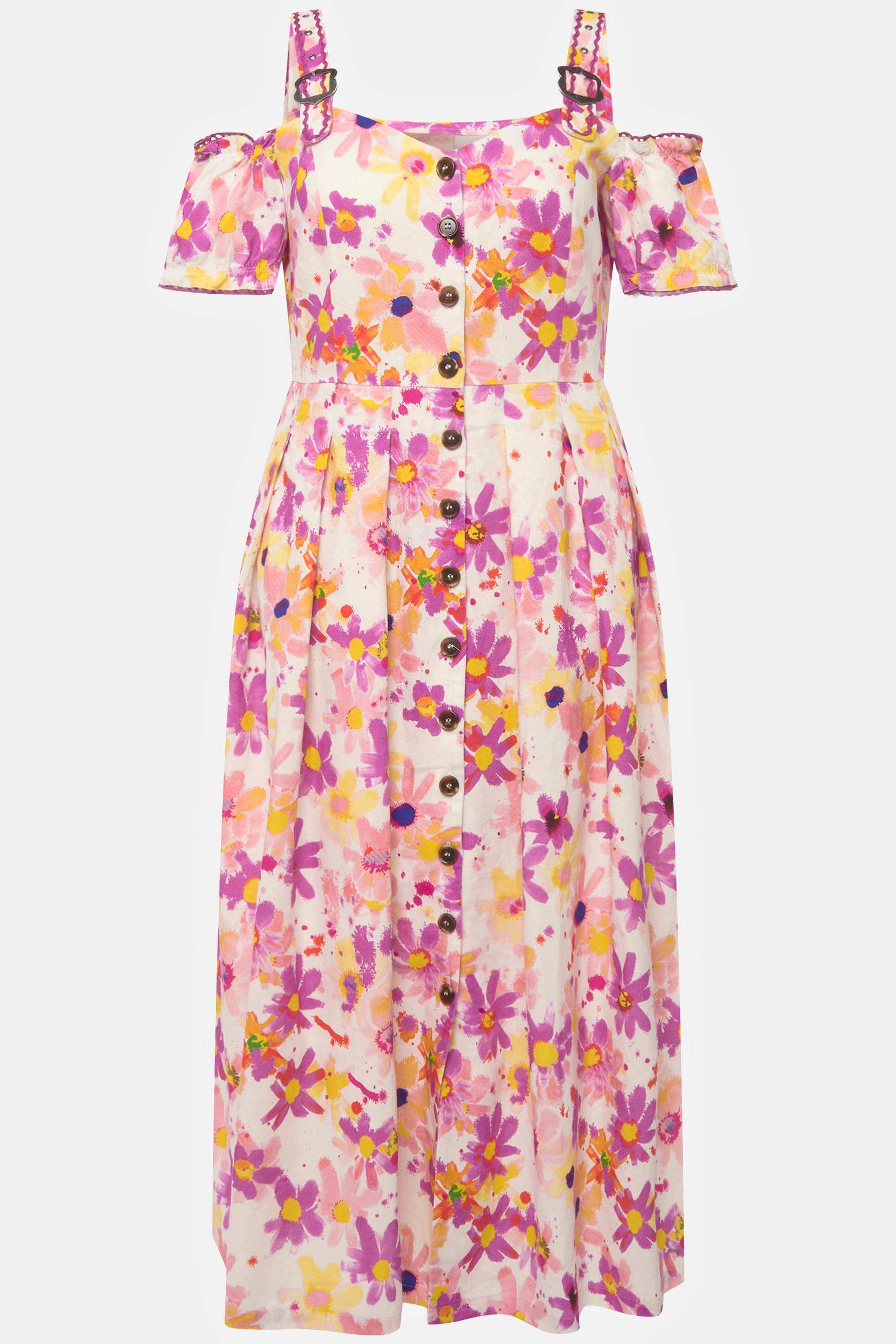 Ulla Popken  Robe en lin mélangé. Tenue traditionnelle bavaroise. Manches courtes et décolleté en forme de cœur. Imprimé floral. 