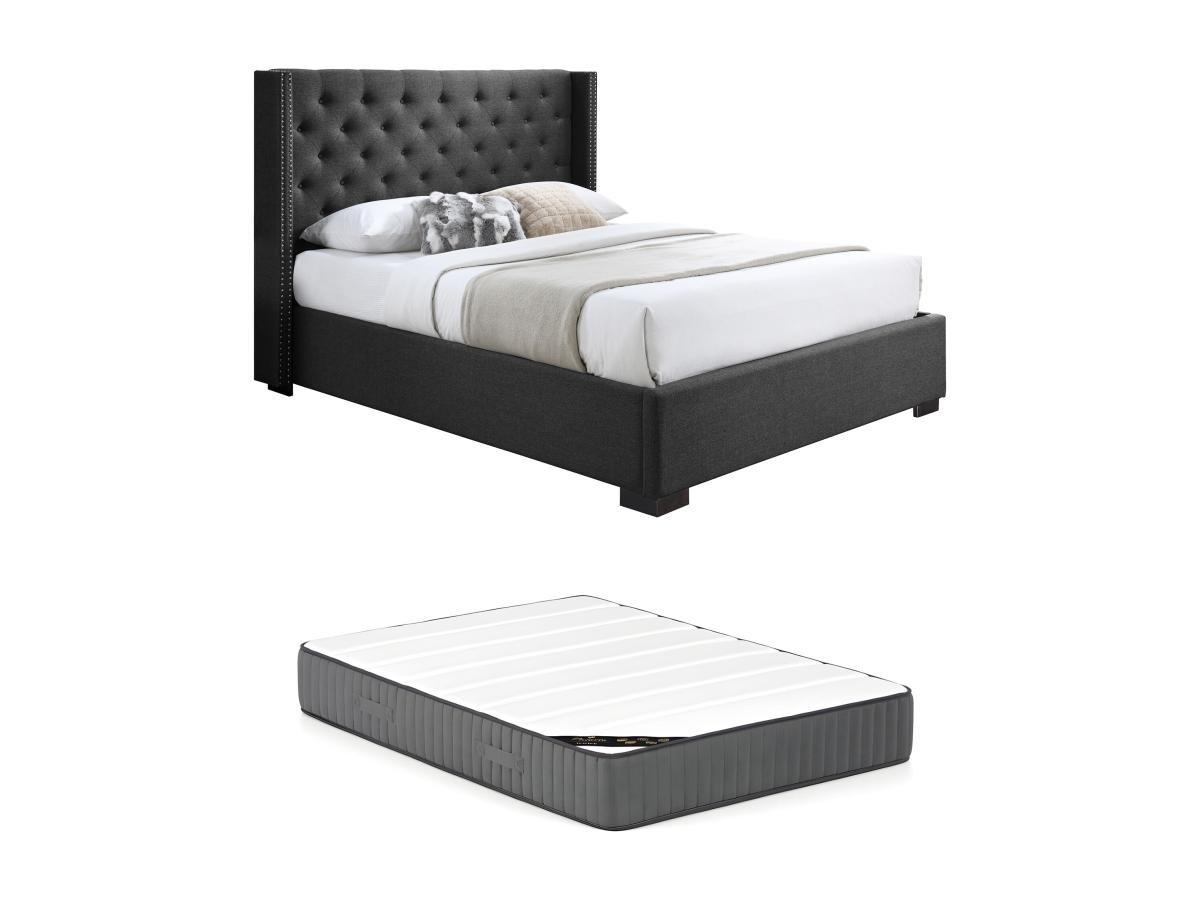 Image of Polsterbett mit gestepptem Kopfteil + Matratze - 140 x 200 cm - Stoff - Grau - MASSIMO Polsterbett mit gestepptem Kopfteil + Matratze - 140 x 200 cm - Stoff - Grau - MASSIMO