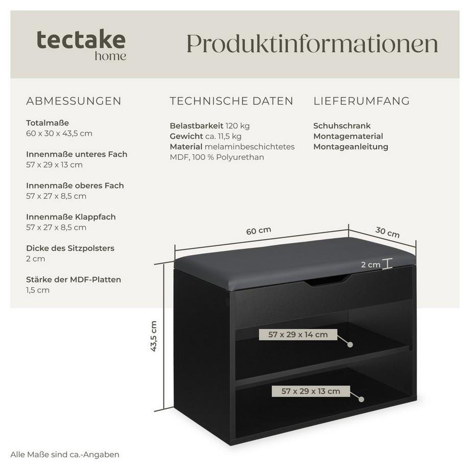 Tectake Schuhbank Jasmina mit Sitzpolster  