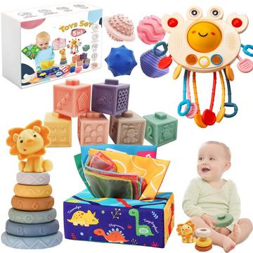 5 in 1 Babyspielzeug, Krabben-Babyspielzeug, Tissue-Box, Stapelspielzeug, Quetschkugeln, Beißring