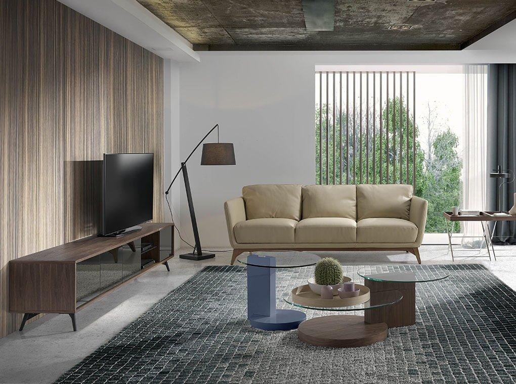 ANGEL CERDA Mobile TV in vetro nero specchiato, noce e acciaio nero  