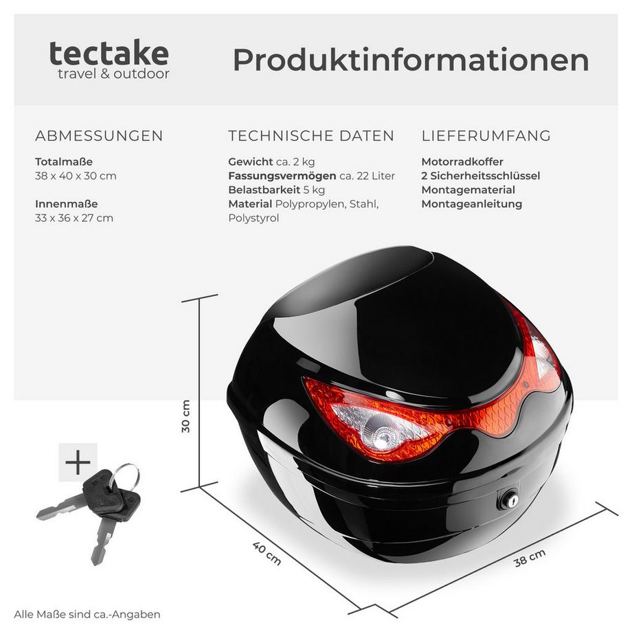 Tectake  Motorradkoffer Sergej Volumen 22 l robust und spritzwassergeschützt 