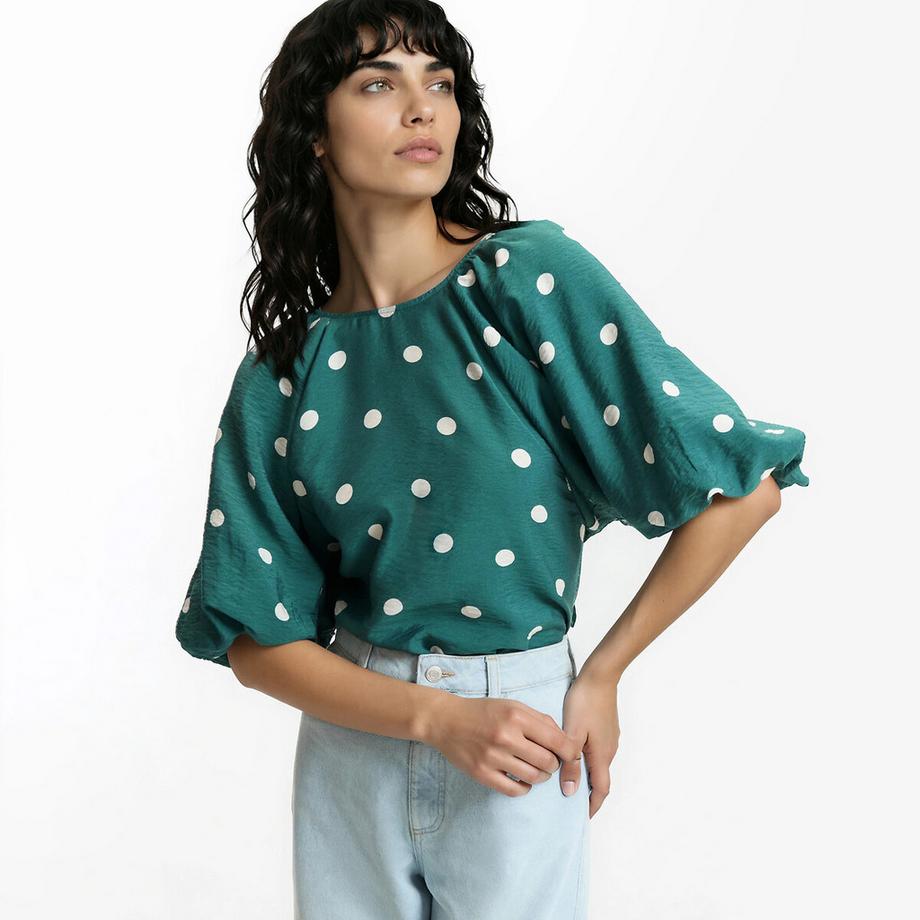 Bluse mit Rundhalsausschnitt Puffärmel mit Punkten