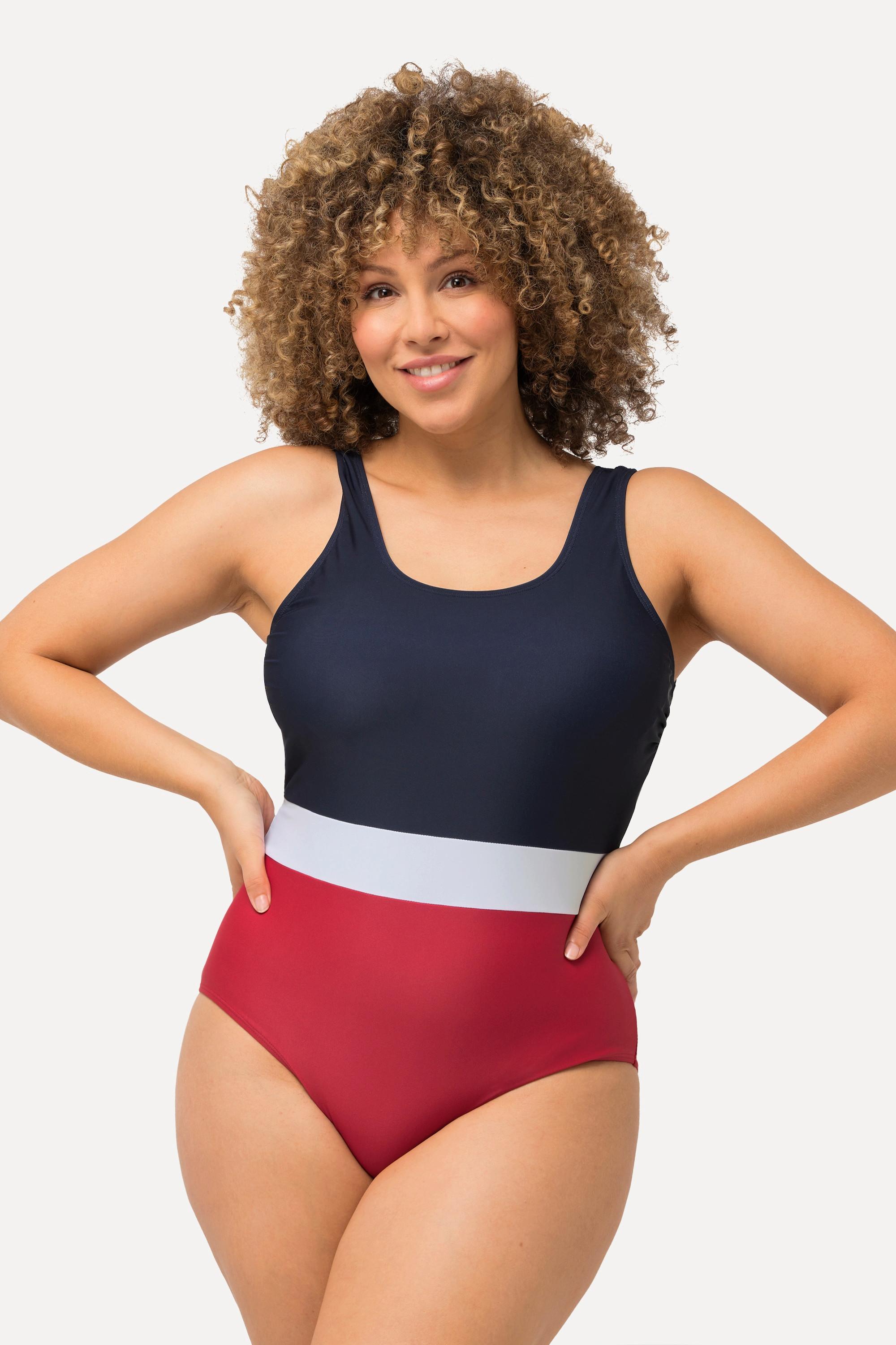 Ulla Popken  Costume da bagno senza coppe con color blocking e drappeggio 