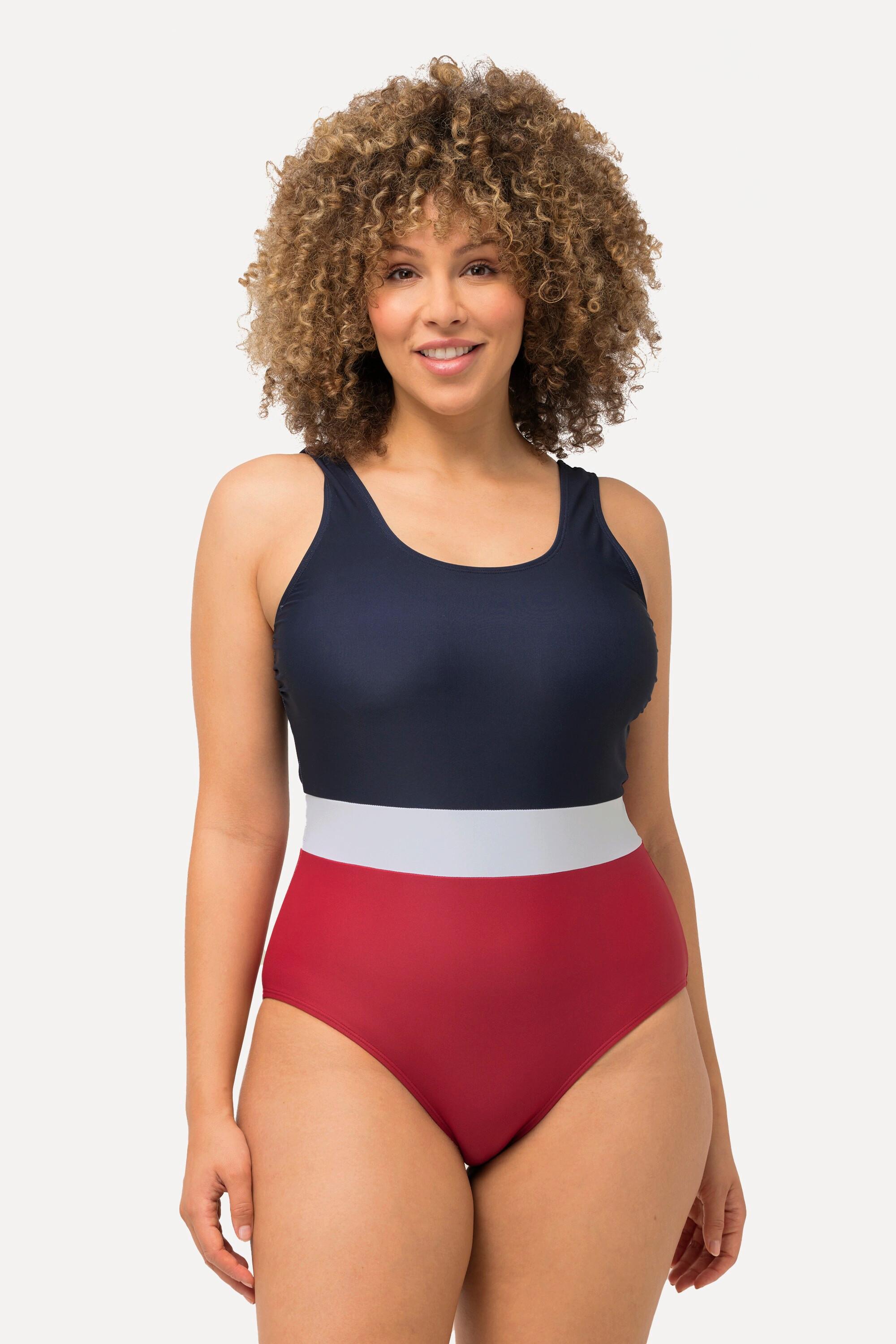 Ulla Popken  Costume da bagno senza coppe con color blocking e drappeggio 