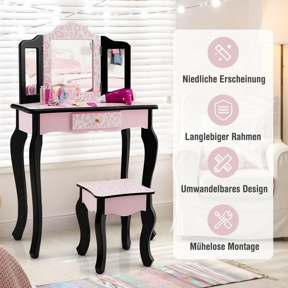 Northix  Coiffeuse enfant avec tabouret & miroir pliant & tiroir léopard 