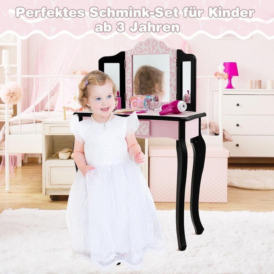 Northix  Coiffeuse enfant avec tabouret & miroir pliant & tiroir léopard 