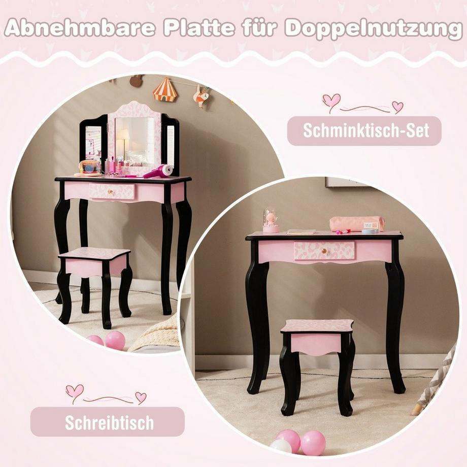 Northix  Coiffeuse enfant avec tabouret & miroir pliant & tiroir léopard 