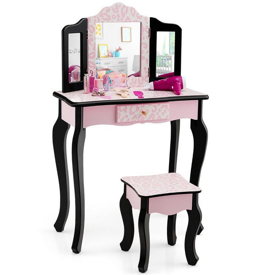 Northix  Coiffeuse enfant avec tabouret & miroir pliant & tiroir léopard 