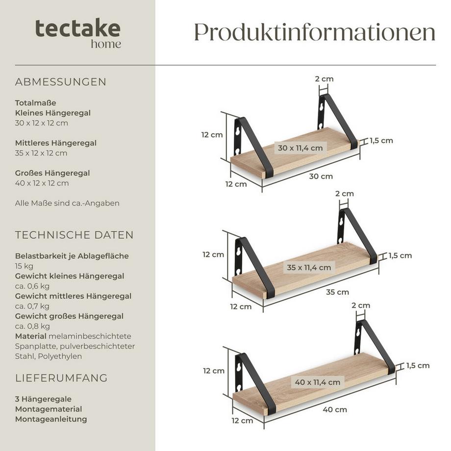 Tectake 3er Set Wandregal Cowell Industrial Style Holz und Stahl  