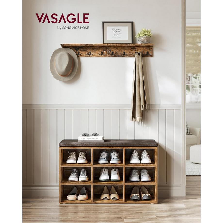 Songmics Banc à chaussures avec espace de rangement et coussin brun vintage  