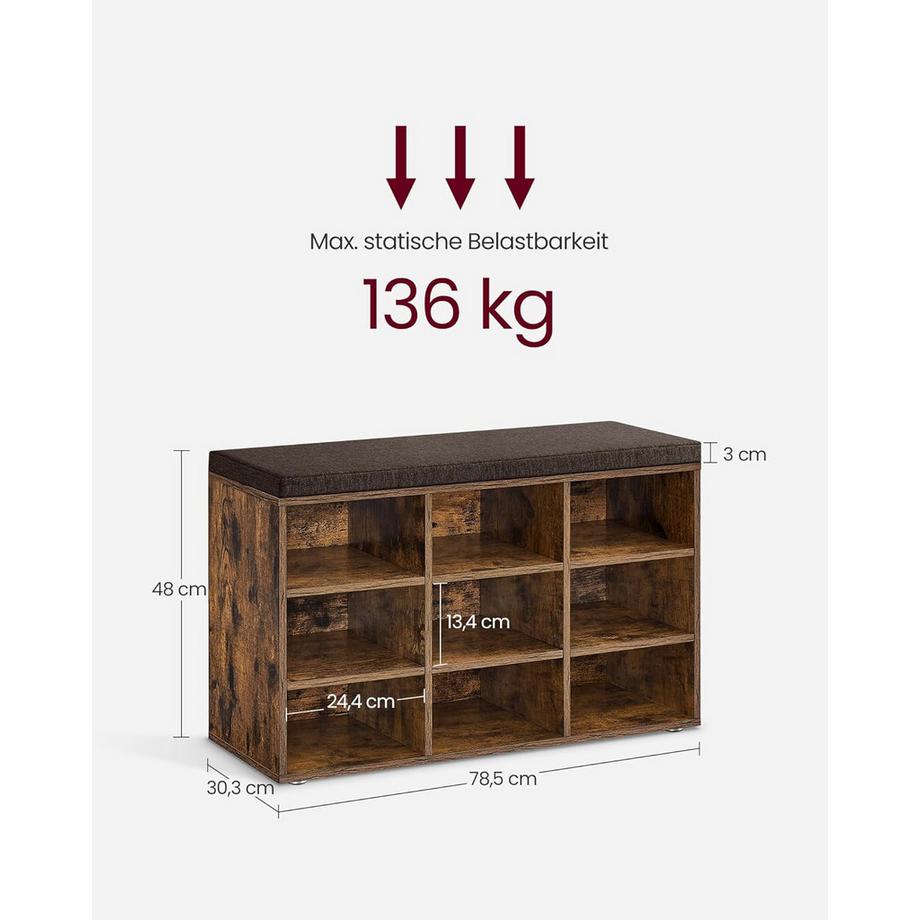 Songmics Banc à chaussures avec espace de rangement et coussin brun vintage  