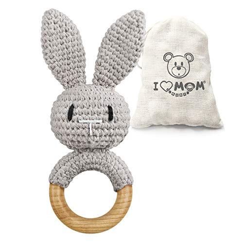 Image of Rassel Baby Holzspielzeug Beißring Baby handgemachtes Kaninchen Rassel Greifspielzeug Grau