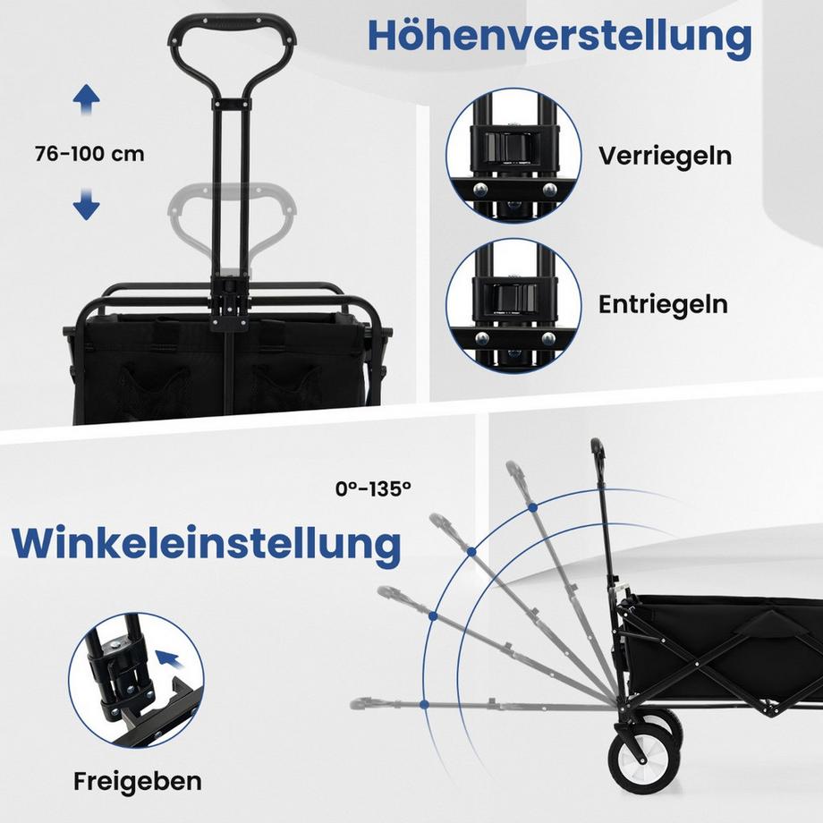 Northio Faltbarer Bollerwagen mit Verstellbarem Griff & Getränkehaltern bis 68 kg Belastbar für Einkaufen Camping Schwarz  