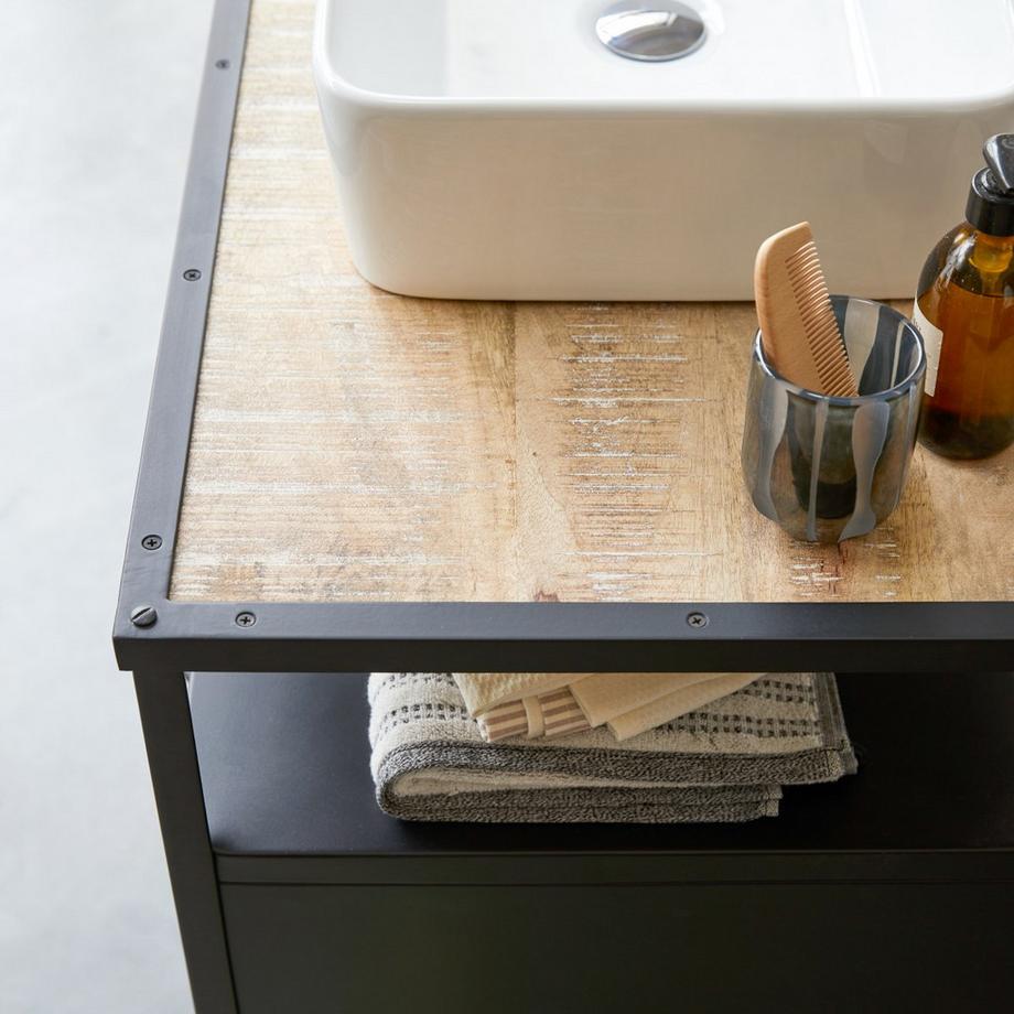 Tikamoon Waschtischunterschrank aus massivem Mangoholz und Metall 95 cm Industriel  