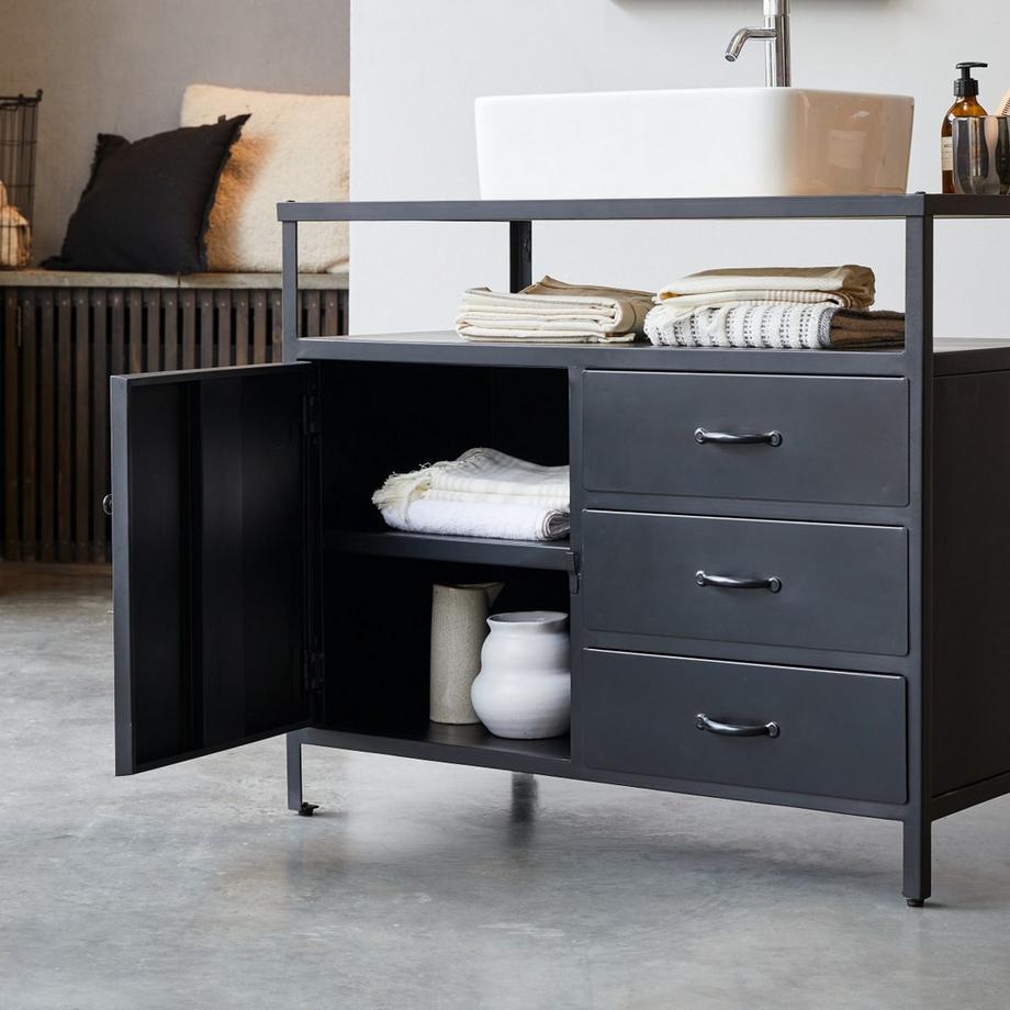 Tikamoon Waschtischunterschrank aus massivem Mangoholz und Metall 95 cm Industriel  