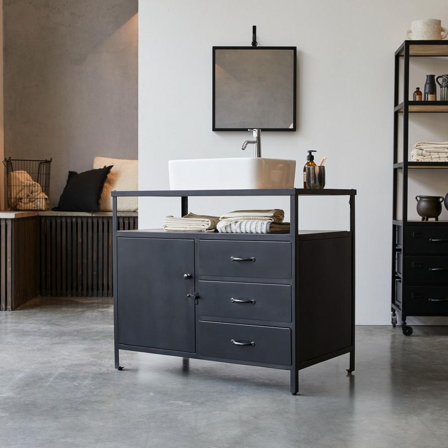 Tikamoon Waschtischunterschrank aus massivem Mangoholz und Metall 95 cm Industriel  