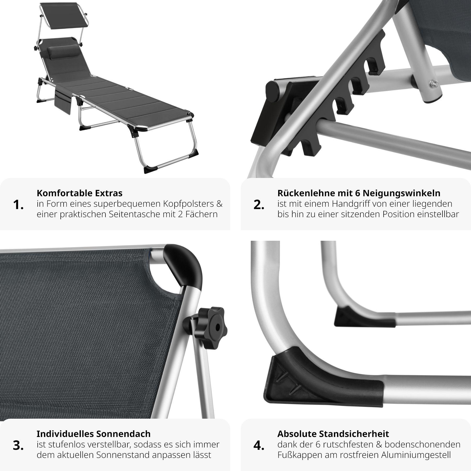 Tectake Sonnenliege mit Aluminiumgestell, stufenlos verstellbares Sonnendach  