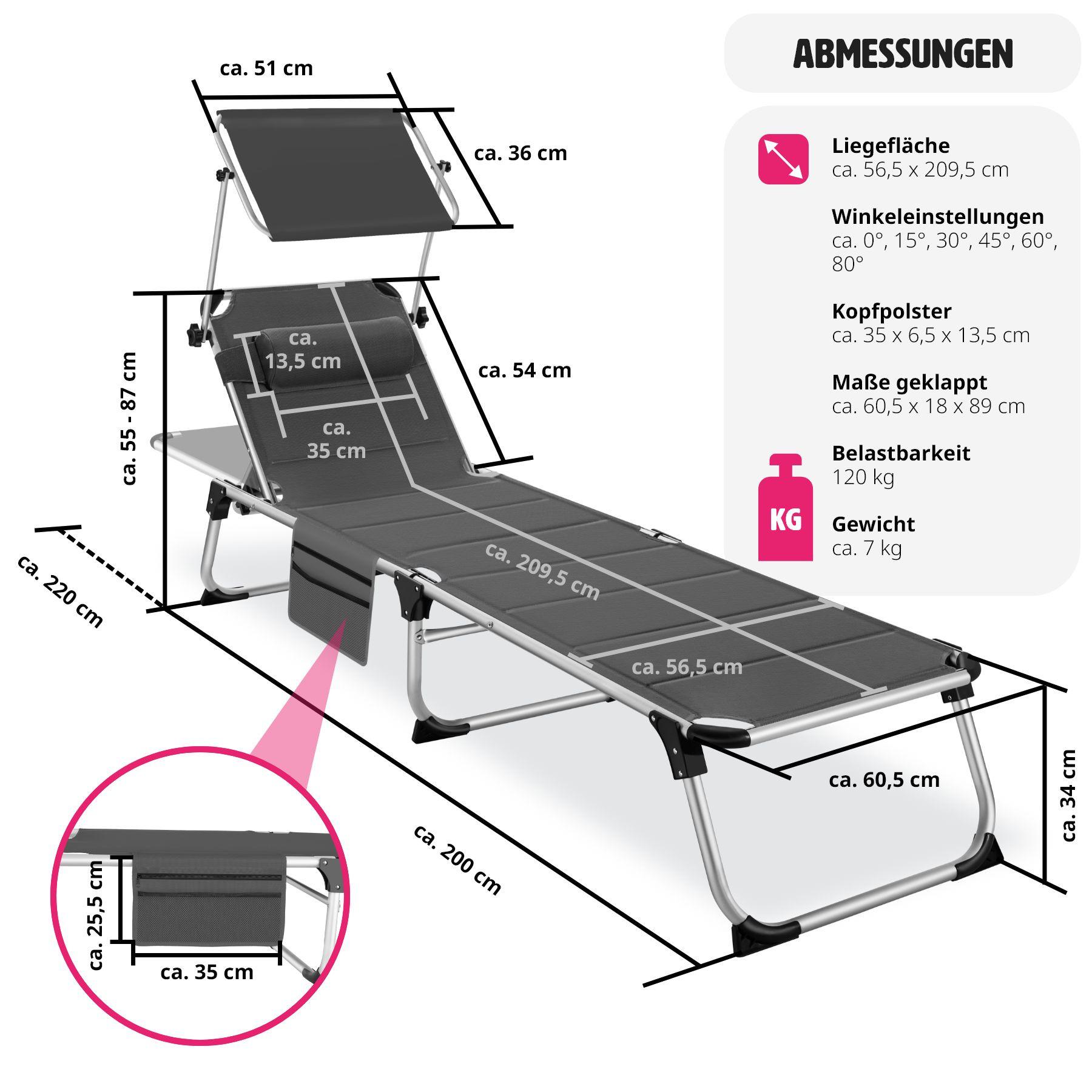 Tectake Sonnenliege mit Aluminiumgestell, stufenlos verstellbares Sonnendach  