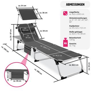 Tectake Sonnenliege mit Aluminiumgestell, stufenlos verstellbares Sonnendach  