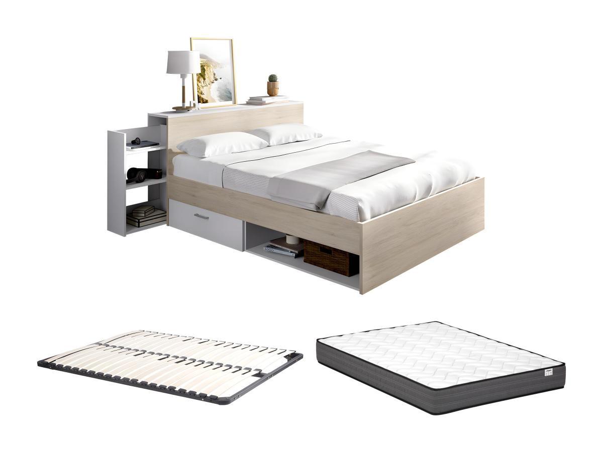 Image of Bett mit Kopfteil, Stauraum & Schubladen + Lattenrost + Matratze - 140 x 190 cm - Holzfarben & Weiß - FLORIAN Bett mit Kopfteil, Stauraum & Schubladen + Lattenrost + Matratze - 140 x 190 cm - Holzfarben & Weiß - FLORIAN