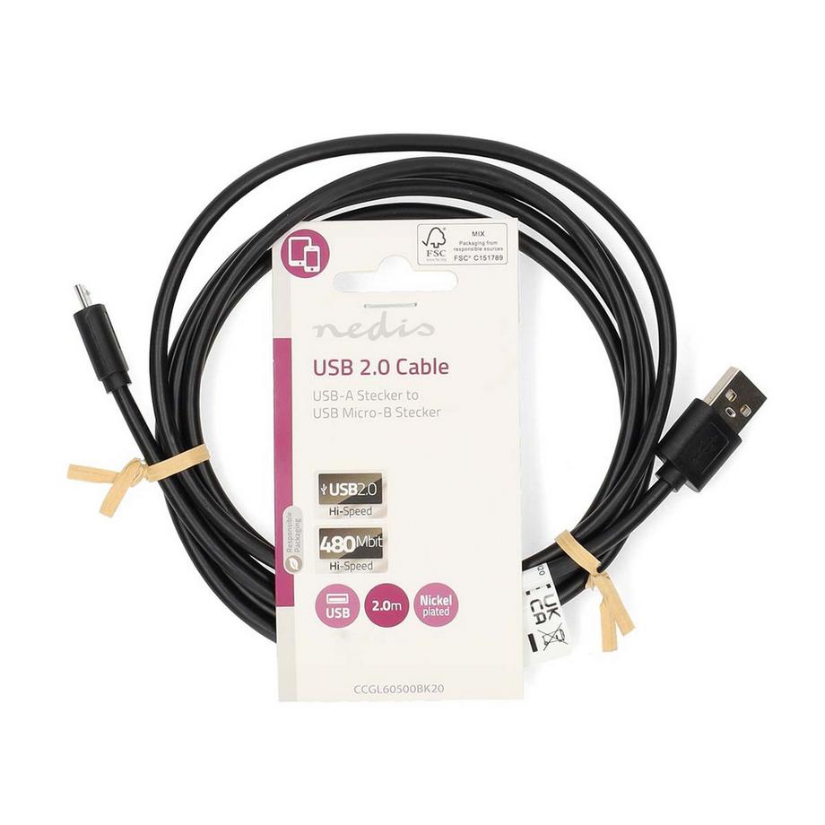 Nedis  Câble USB | USB 2.0 | USB-A mâle | USB Micro-B mâle | 11 W | 480 Mbps | Nickelé | 2,00 m | Rond | PVC | Noir | Etiquette 
