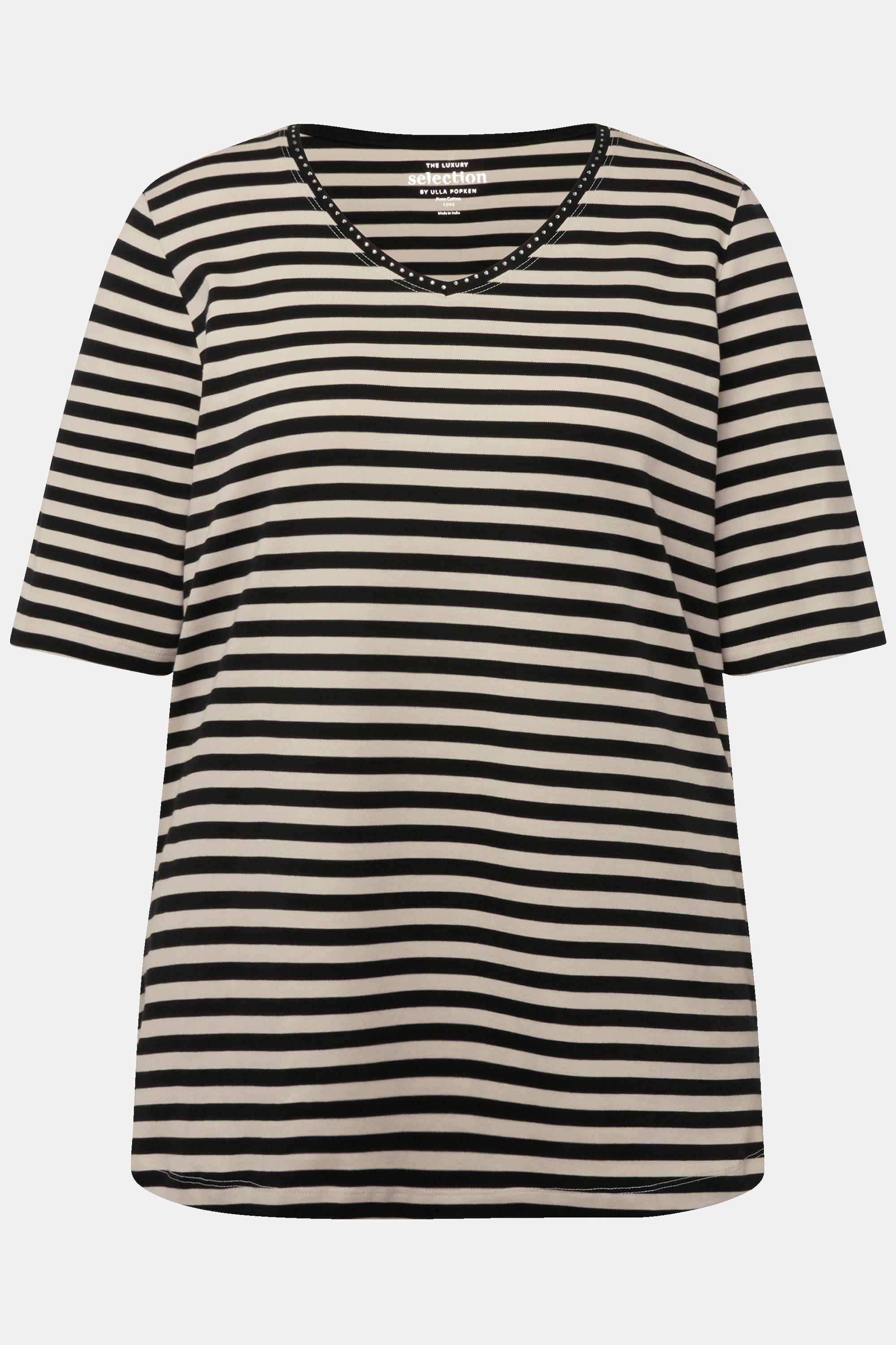 Ulla Popken  T-shirt in cotone Pima con righe, scollo a V e mezze maniche 