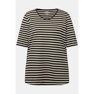 Ulla Popken  T-shirt en coton Pima, rayures, col en V et manches courtes 