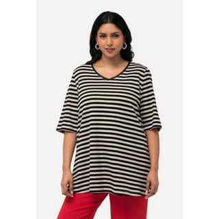 Ulla Popken  T-Shirt, Pima Cotton, Ringel, V-Ausschnitt, Halbarm 