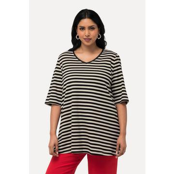 T-shirt in cotone Pima con righe, scollo a V e mezze maniche