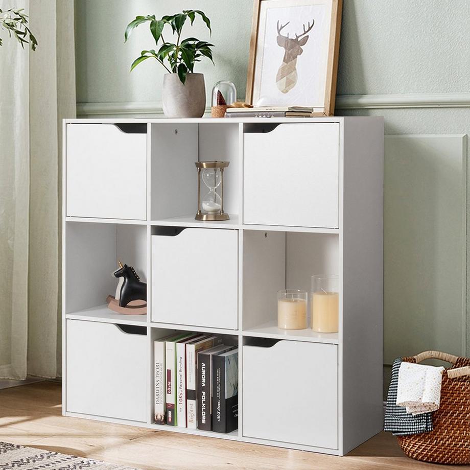 Northio 9-Fächer Stauraum Organizer Regal mit Türen freistehendes Holz Bücherregal-Weiß  