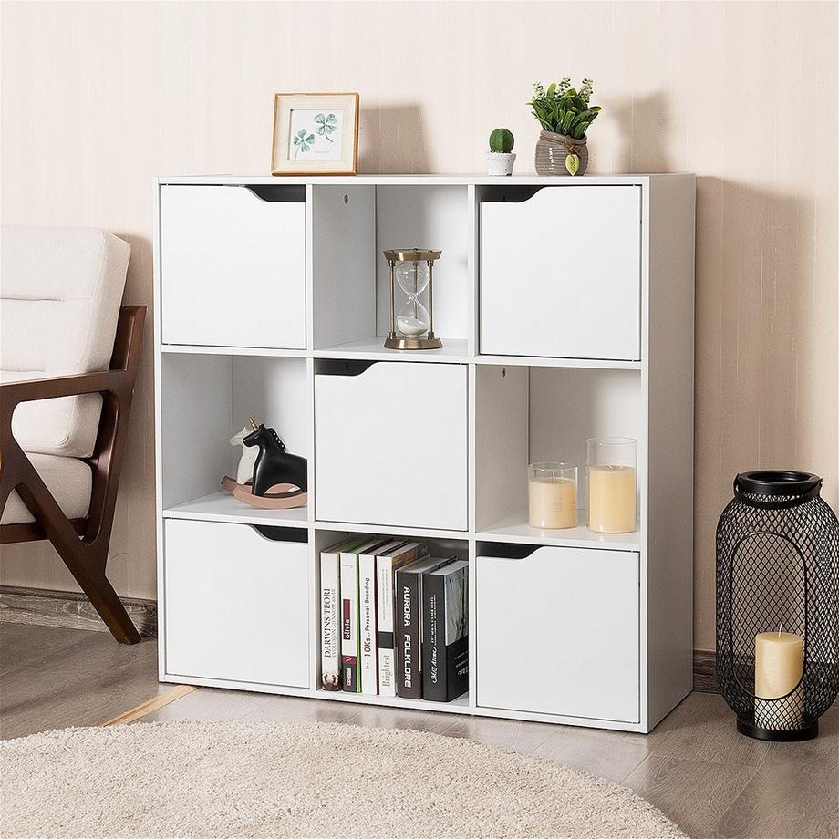 Northio 9-Fächer Stauraum Organizer Regal mit Türen freistehendes Holz Bücherregal-Weiß  