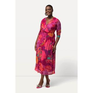 Ulla Popken  Robe midi, fleurs, effet cache-cœur, décolleté en V, manches 3/4 