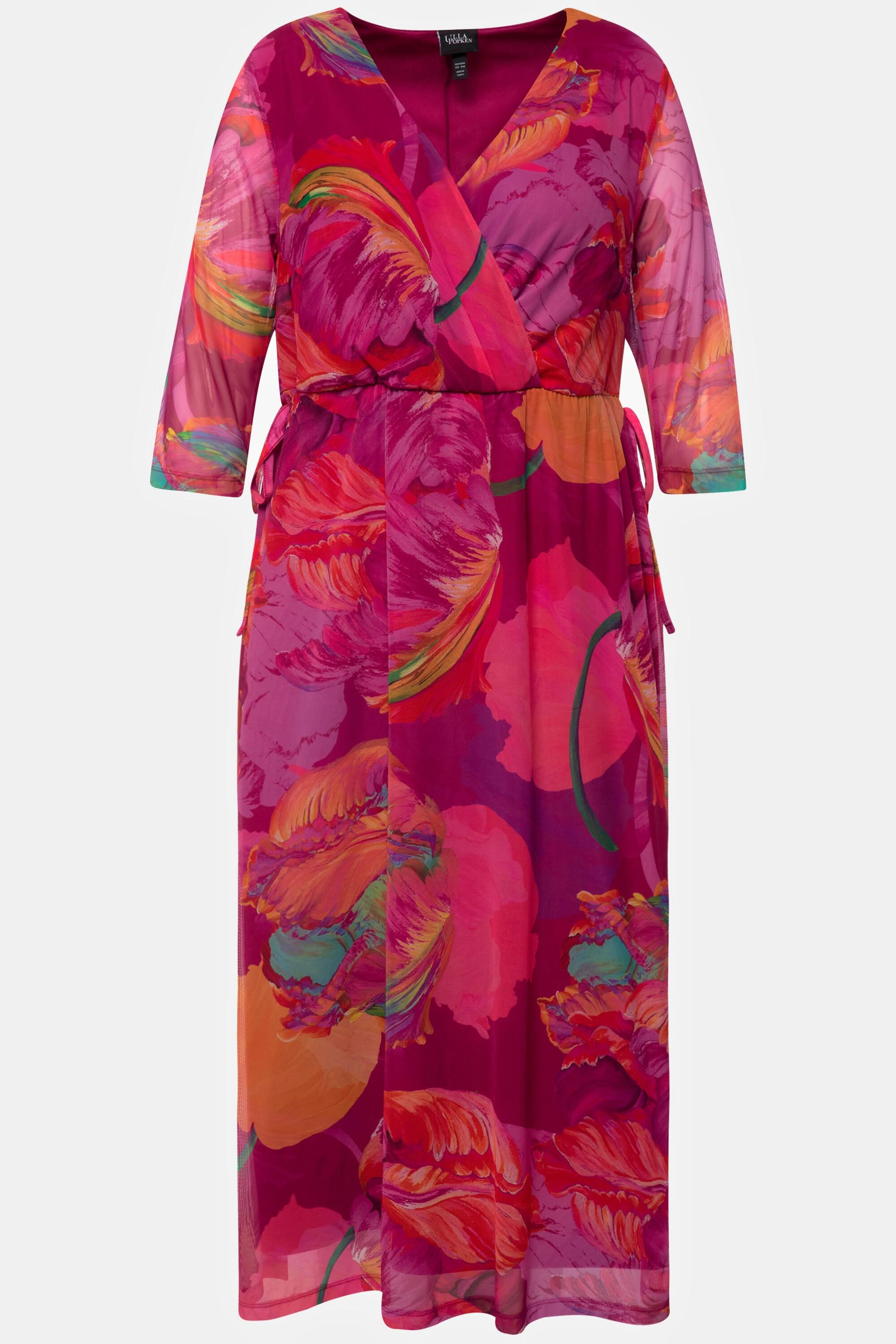 Ulla Popken  Robe midi, fleurs, effet cache-cœur, décolleté en V, manches 3/4 