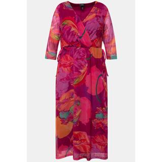 Ulla Popken  Meshkleid, Blüten, Wickeloptik, V-Ausschnitt, 3/4-Arm 