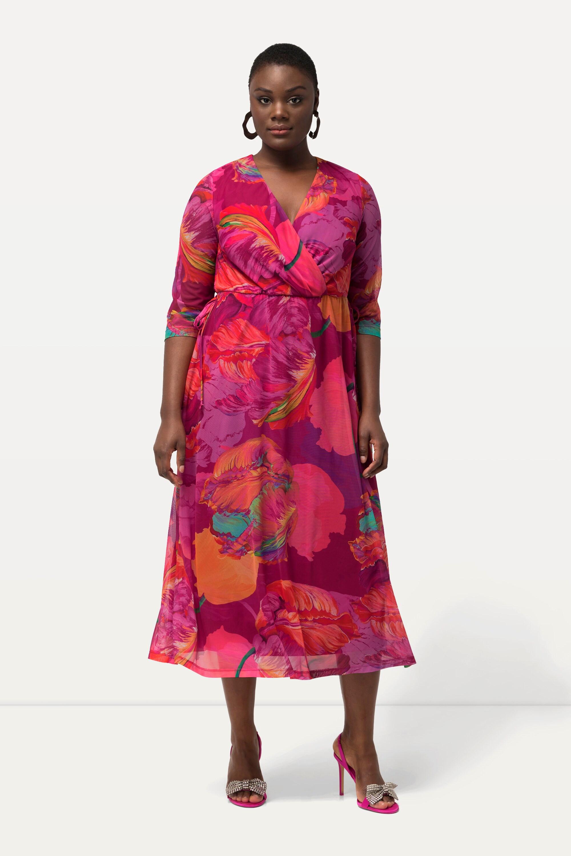 Ulla Popken  Meshkleid, Blüten, Wickeloptik, V-Ausschnitt, 3/4-Arm 