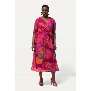 Ulla Popken  Robe midi, fleurs, effet cache-cœur, décolleté en V, manches 3/4 