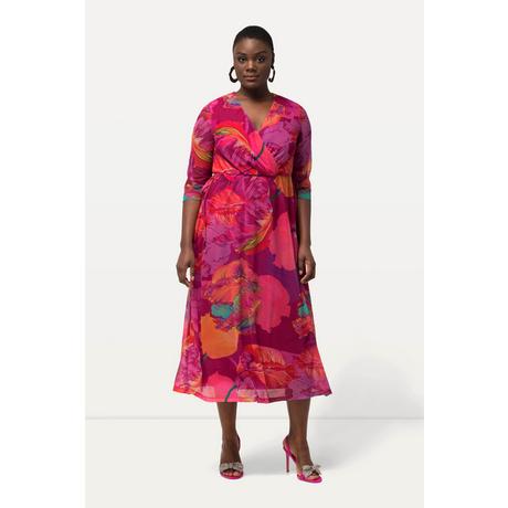 Ulla Popken  Robe midi, fleurs, effet cache-cœur, décolleté en V, manches 3/4 