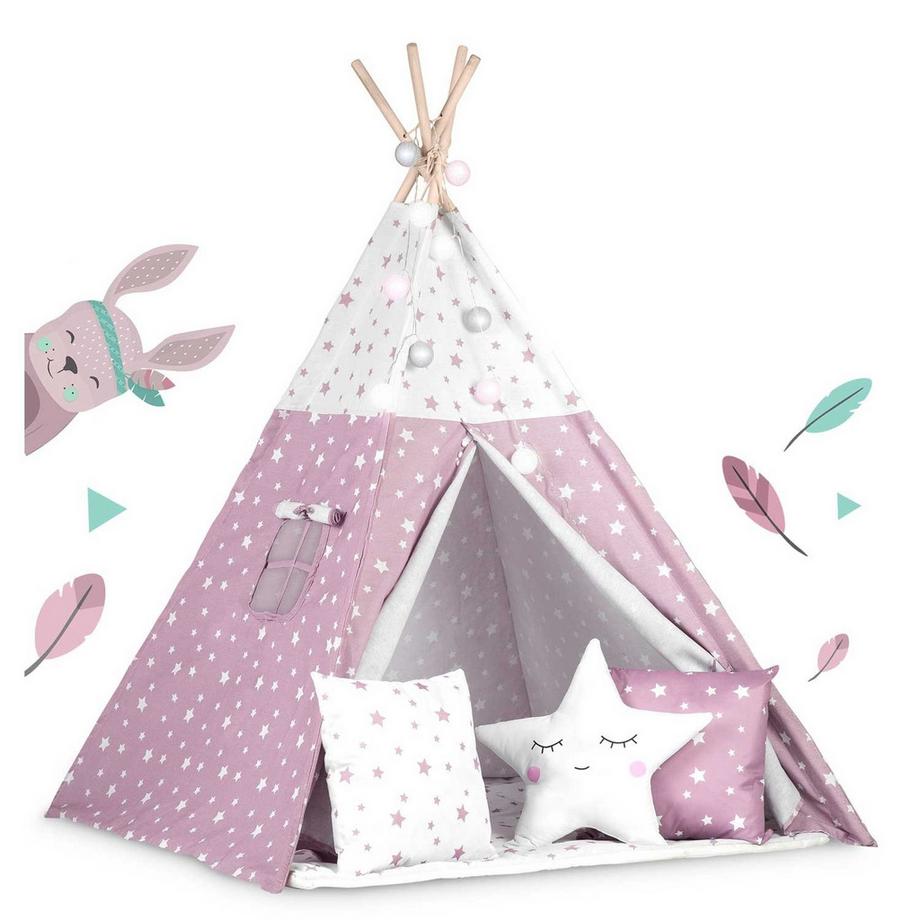 B2X  Tente Tipi Enfant avec Guirlande Lumineuse Nukido - Rose à Motif Étoiles 