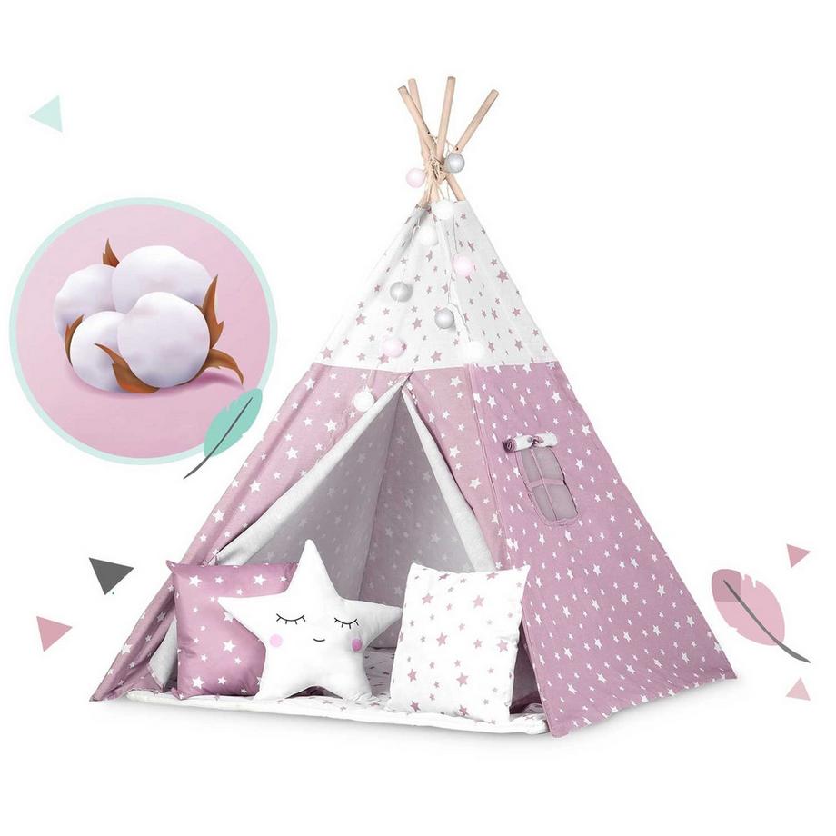 B2X  Tente Tipi Enfant avec Guirlande Lumineuse Nukido - Rose à Motif Étoiles 