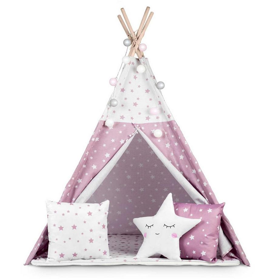 B2X  Tente Tipi Enfant avec Guirlande Lumineuse Nukido - Rose à Motif Étoiles 